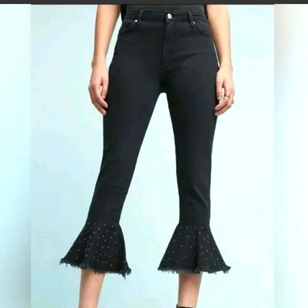 ANTHROPOLOGIE PILCRO STUDDED BELL FLARE RAW HEM CROPPED BLACK DENIM JEANS. Sz 25